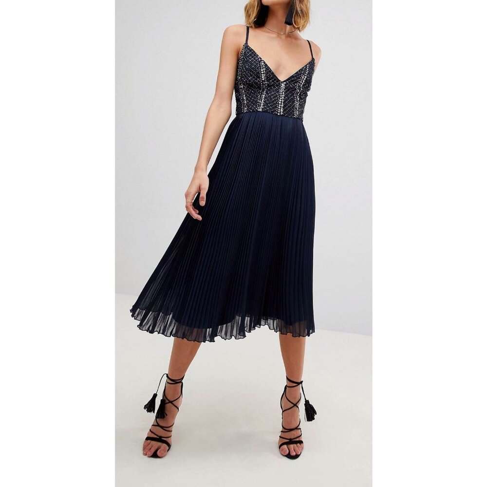 Lace & Beads Embellished Pleated Chiffon Cocktail Dress Midi Dress Blue Size S